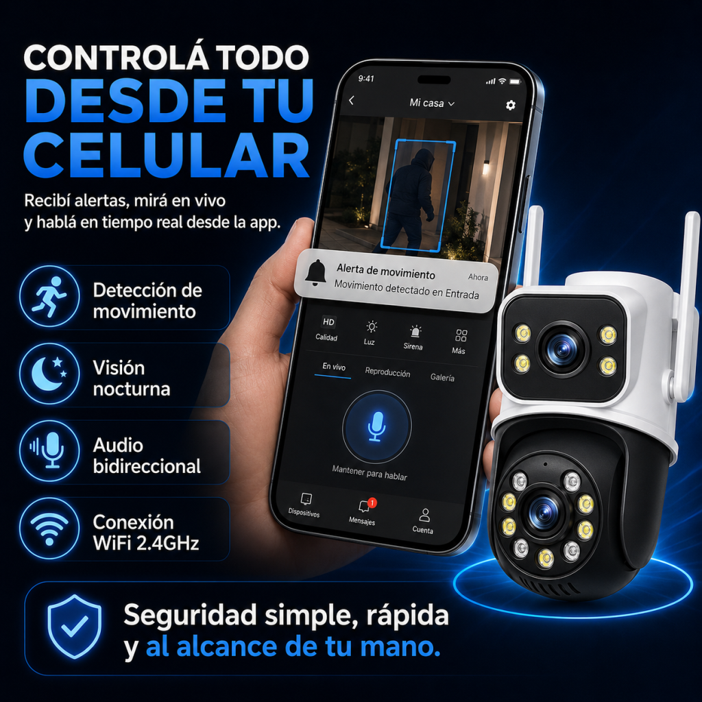 Cámara de Seguridad WiFi Doble Lente — Montaje fácil