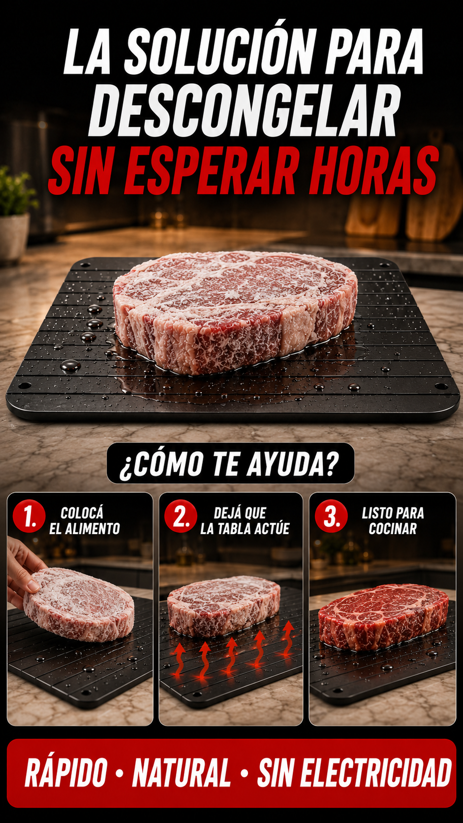 Cómo funciona en 3 pasos: colocá el alimento, dejá que la tabla actúe y listo para cocinar
