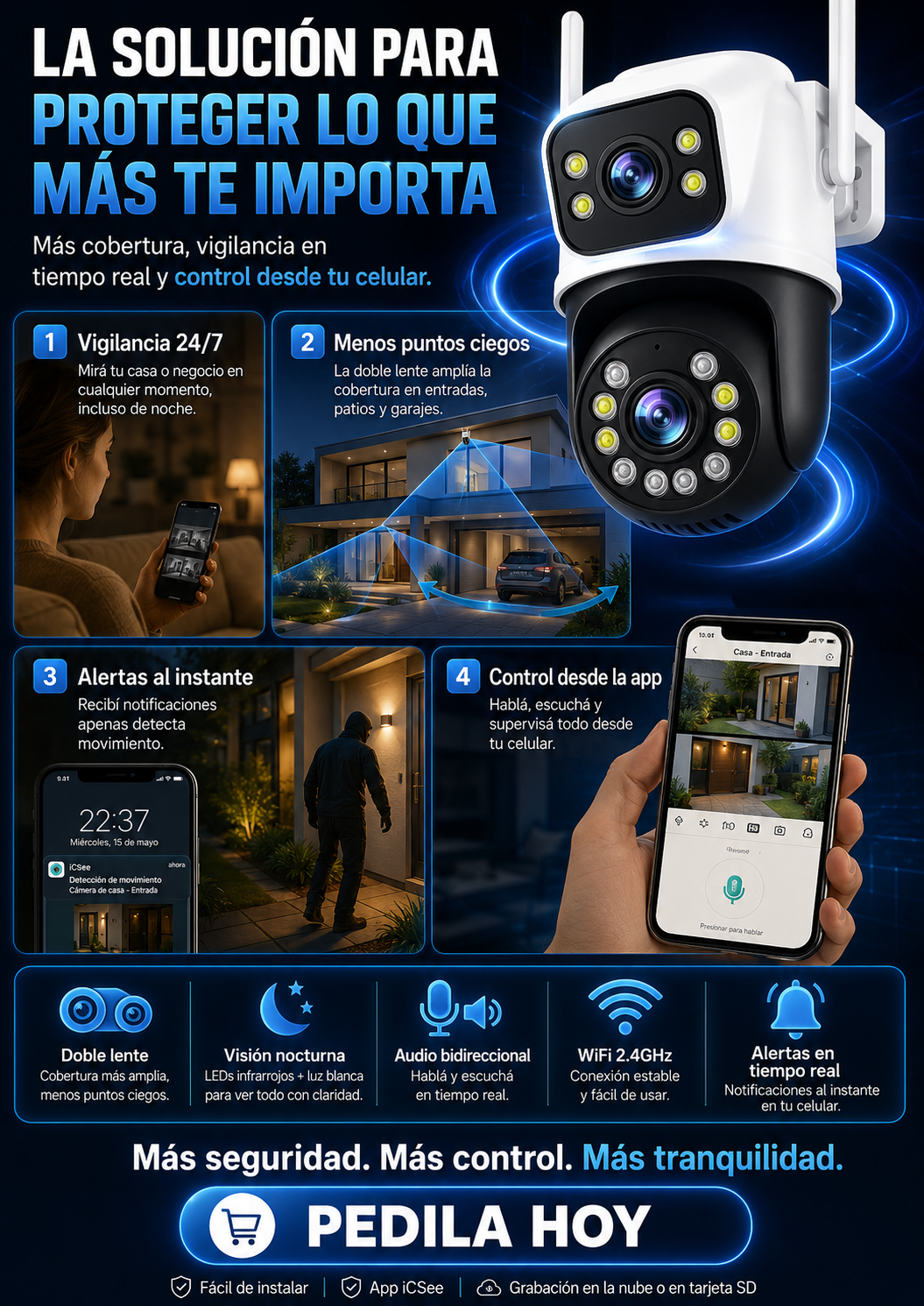 Beneficios de la cámara WiFi doble lente: vigilancia 24/7, alertas y control desde la app