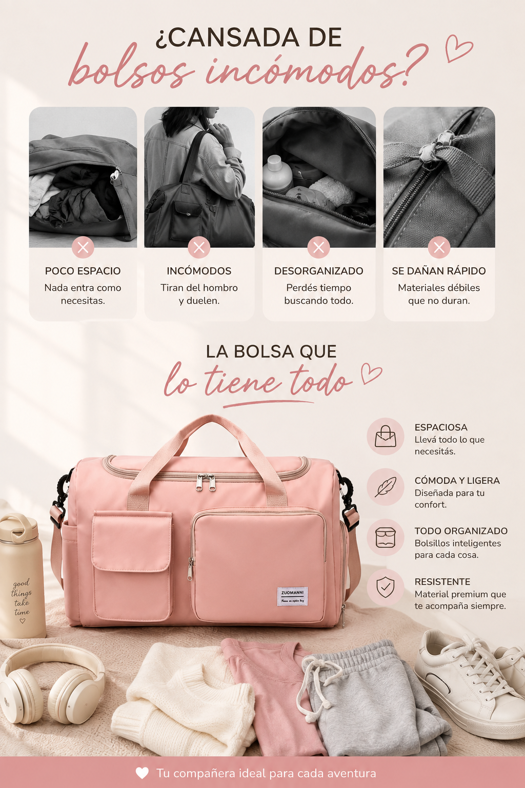 Comparación de problemas comunes de bolsos vs la solución de este bolso